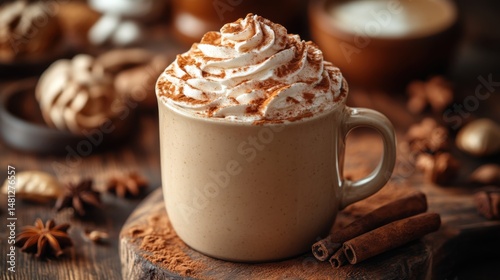 Mug with Topping on Wooden Board with Spices