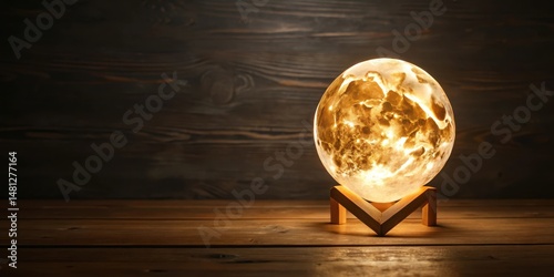 Soft glow of illuminated moon lamp on dark wooden table, nightlight, home decor,  nightlight, home decor
