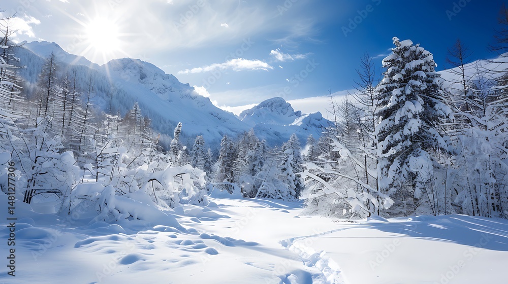 Fototapeta premium Snow Covered Forest Landscape Under Bright Sunlight With Snowcapped Mountains