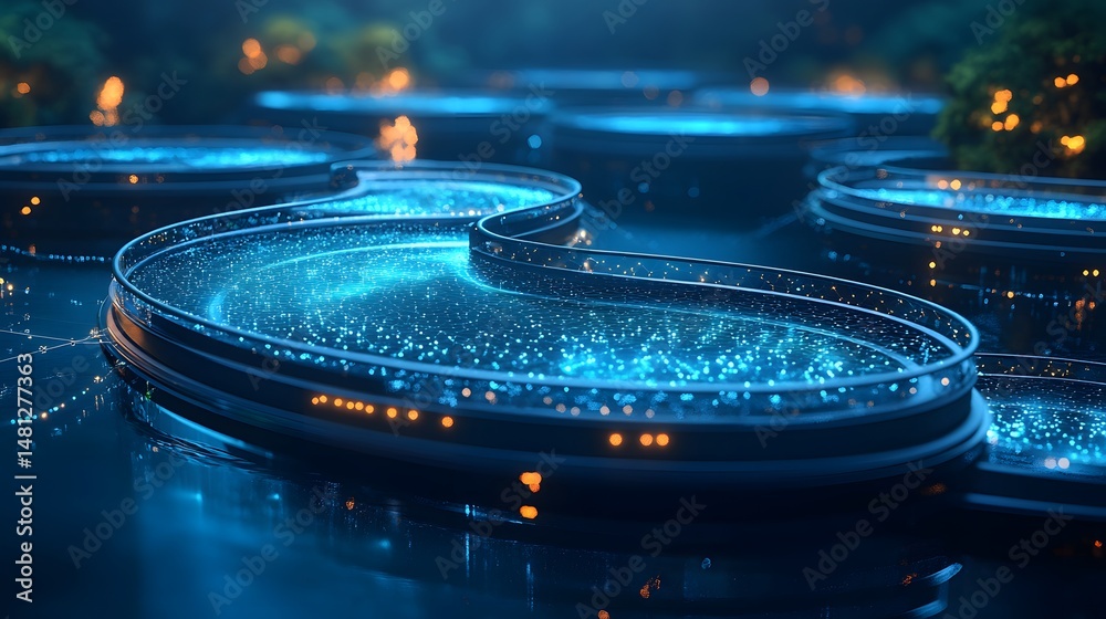 Futuristic landscape featuring interconnected, elevated platforms with light blue grids and orange lights, partially submerged in reflective liquid. Abstract wireframe in dark blue.