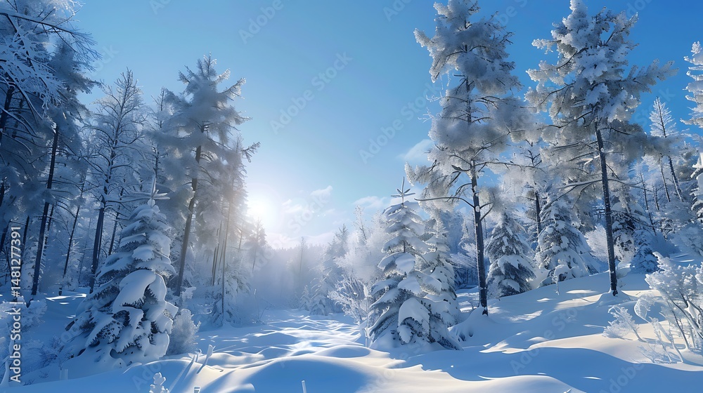 Obraz premium Snow Covered Forest Scene Under Bright Sunlight with Blue Sky and Winter Atmosphere