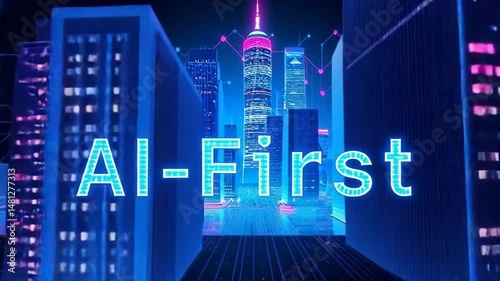 AI-First neon text over digital city skyline, representing an artificial intelligence-based company
