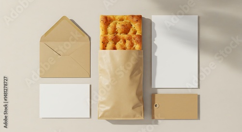 Delicious focaccia bread with blank stationery on creamy textured background