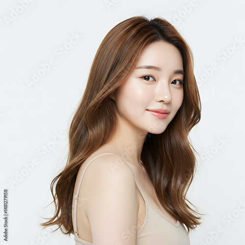 Beautiful Young Korean Woman Portrait, K-Beauty Model with Healthy Glowing Skin, Natural Makeup, Isolated on White Studio Background with Copy Space