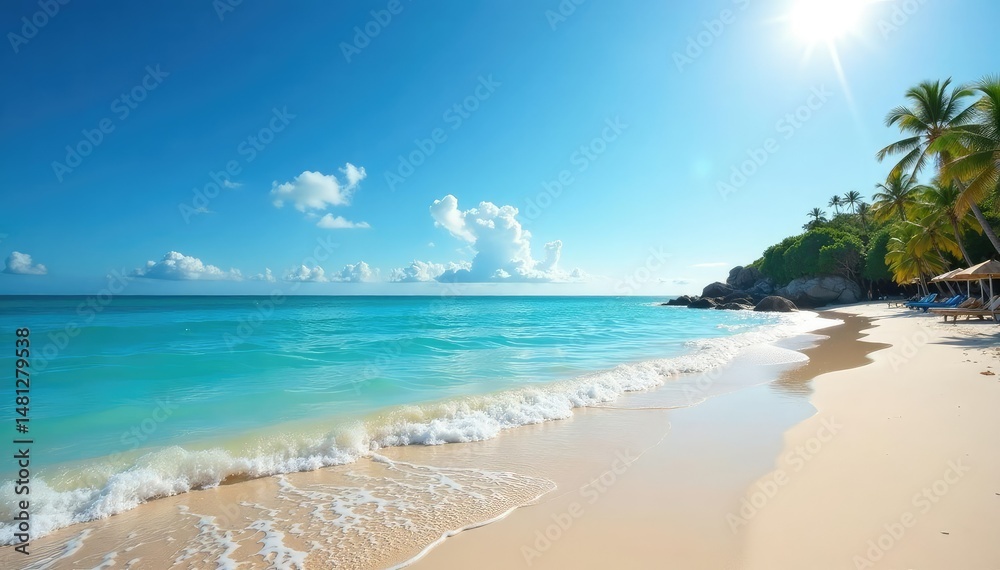 Fototapeta premium Sun-drenched beach, gentle waves lapping the shore, clear blue sky , horizon, sky
