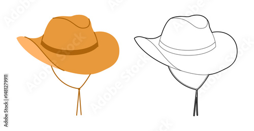 Cowboy Hat with Toggle Chin Strap. Head Fashion accessory cap with wide brim clothing technical illustration. Vector headgear for Men, women, unisex, flat template CAD mockup sketch outline isolated