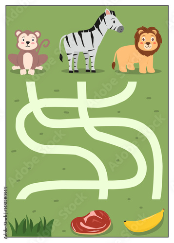 Fun animal maze for kids to match the monkey, zebra, and lion with their favorite foods. Great for early childhood learning.