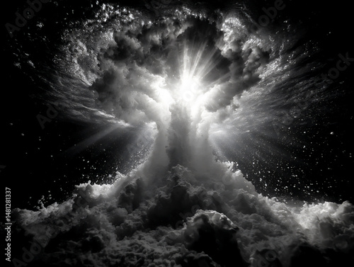 dynamic and disorienting underwater snapshot of fragmented light rays piercing through turbulent water, creating a sense of confusion and loss of direction,