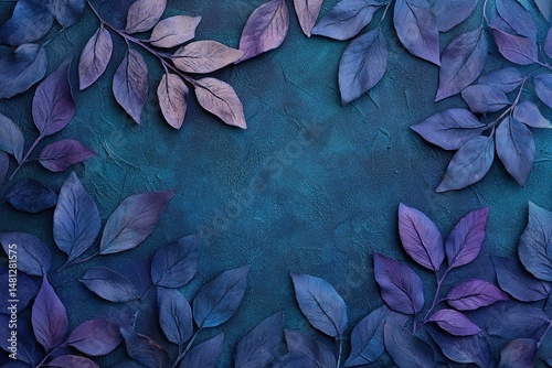 Dark blue leaves, textured background, dark green and light purple, minimalism, flat lay photography, no perspective.