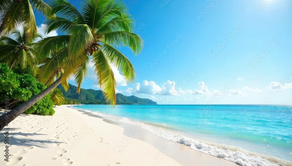 Obraz premium White sand beach, palm trees sway gently in breeze , seascape, vegetation