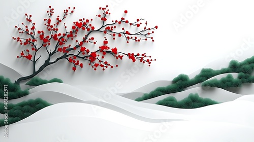 Cherry blossom on stylized hills