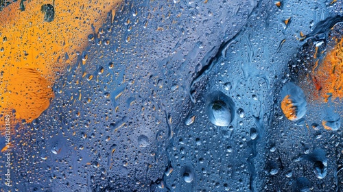 Water drops on glass, with an abstract background of blue and copper colors, ...