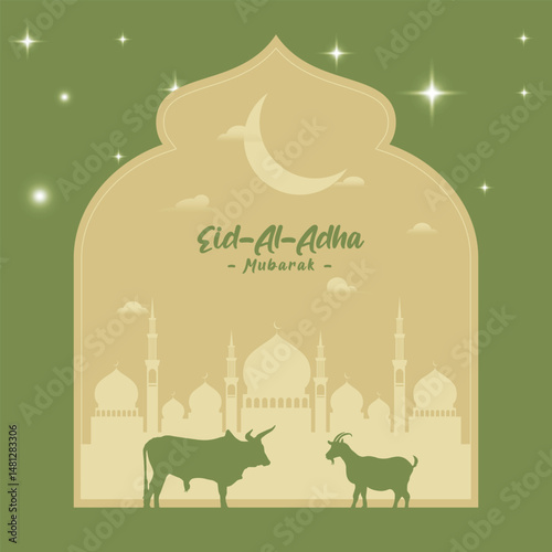Eid al Adha Mubarak islamic greeting card design. abstract blue watercolor design with dome mosque ornament and hanging lantern element. background Vector illustration.
Eid al Adha Mubarak islamic gre