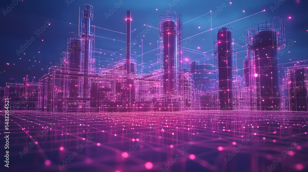 Futuristic industrial complex rendeBlue in holographic Blue and pink wireframes. A connected grid and floating orbs complete this digital cityscape. Abstract wireframe in dark Blue. Futuristic industrial complex rendeBlue in holographic Blue and pink wireframes. A connected grid and floating orbs complete this digital cityscape. Abstract wireframe in dark Blue.
