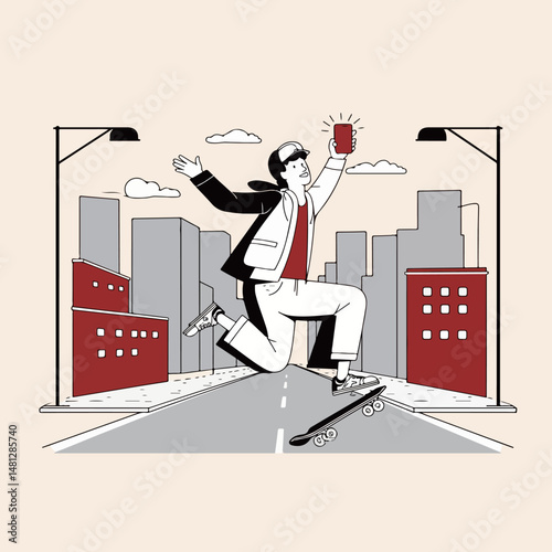 Skateboarder Jumping in Cityscape