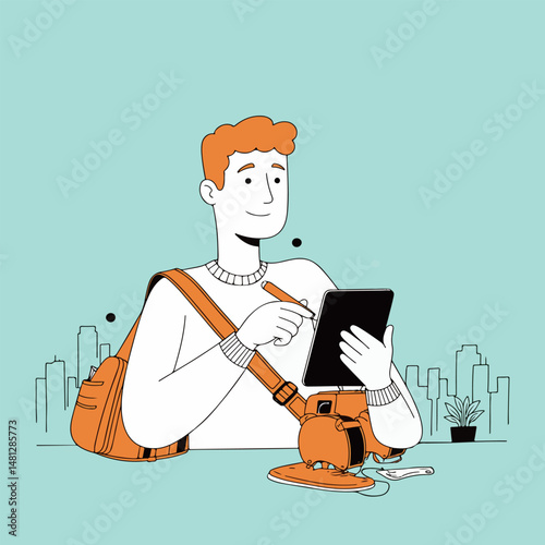 Man Using Tablet with Cityscape Background