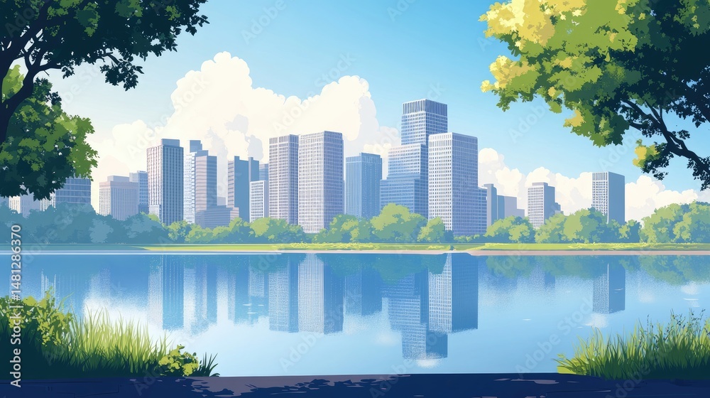 Obraz premium A vibrant city skyline featuring tall skyscrapers reflecting in a serene lake. surrounded by lush greenery and fluffy clouds. creating a picturesque urban landscape