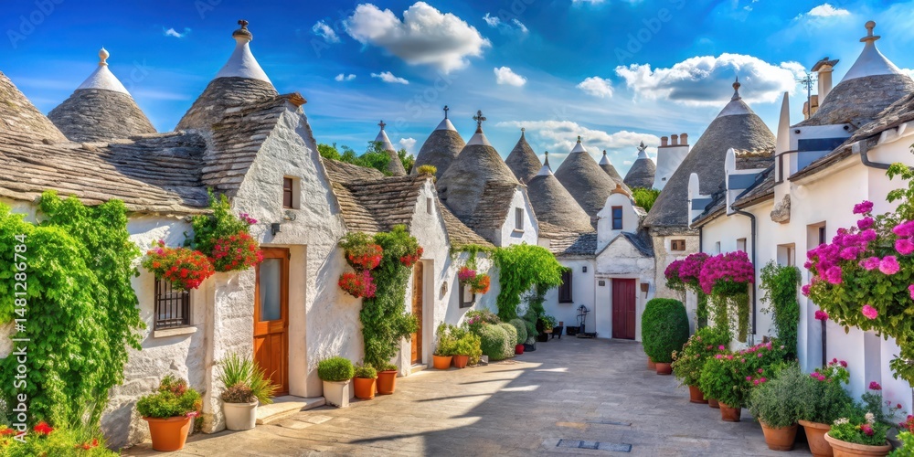 Fototapeta premium Traditional Italian white-washed Trulli houses in Alberobello town square with lush greenery and colorful flowers surrounding the historic buildings, whitewash, architecture
