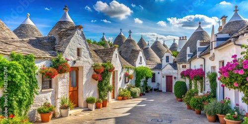 Traditional Italian white-washed Trulli houses in Alberobello town square with lush greenery and colorful flowers surrounding the historic buildings, whitewash, architecture
