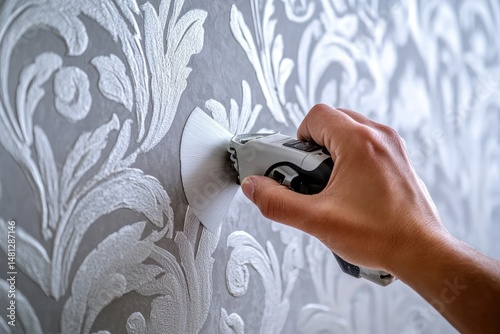 Close-up of a skilled craftsman using a hand scraper to smooth a textured surface in a rustic workshop. with wooden beams and construction materials in the background
