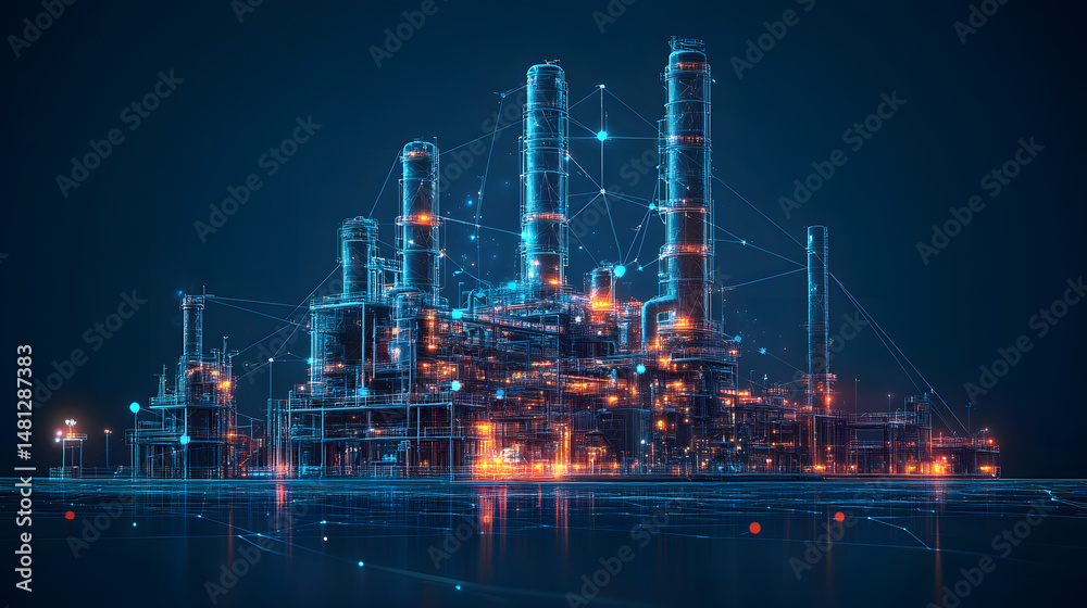 Fototapeta premium Futuristic industrial complex with glowing wireframe structures reflected on a liquid surface. Abstract representation of energy production. High-tech, modern design. Abstract wireframe in dark blue.