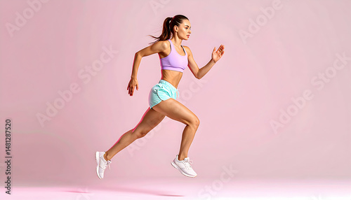 Athletic Woman in Light Purple Sports Bra Running Against Pink Background