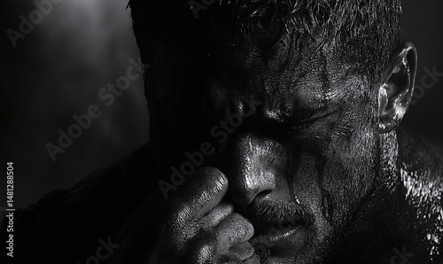 Close-up grayscale image of a man with grime.