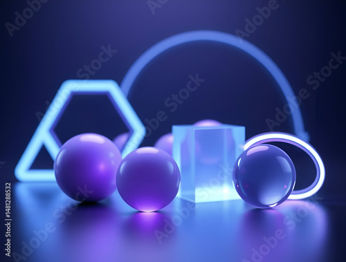 3D composition with glossy purple spheres and a glass cube under blue neon lights. Technology, sci-fi, and modern design concept.