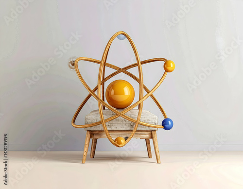 Atomic Model Icon on Wooden Chair Representing Atom Structure with Yellow Blue Beige Orbitals and Nucleus on White Background
