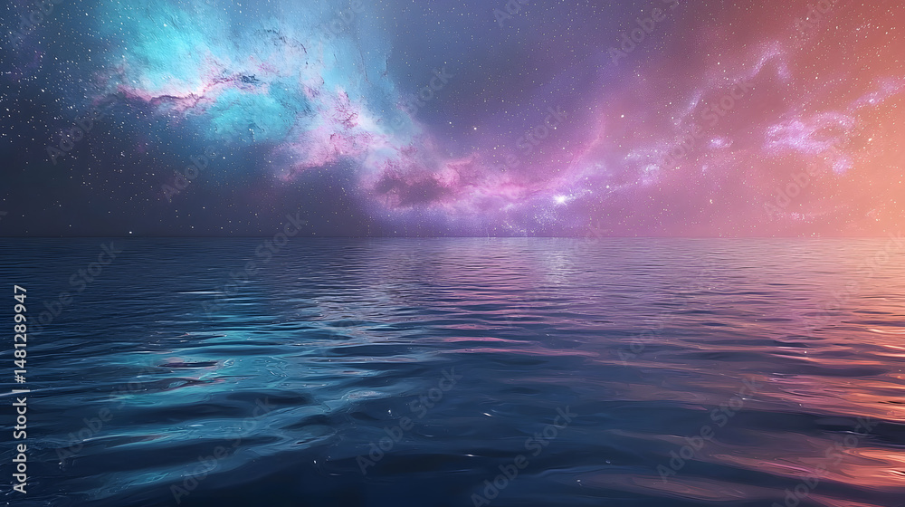 Obraz premium Mystic Celestial Ocean: A mesmerizing view of ocean under a starlit sky that creates an otherworldly vibe. Capture the tranquility and allure of this surreal landscape.