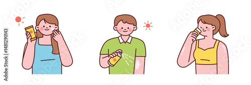 Flat illustration of people applying sunscreen in summer. Concept of UV protection, skincare routine, sun safety, and healthy habits for hot weather.