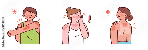 Flat illustration of people with sunburns on arms and shoulders. Concept of summer skincare, sun protection, and UV damage awareness.