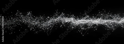 Abstract digital network of white connected dots and lines forming a complex wave pattern on a black background conveying technology and data flow