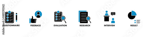 Survey banner web icon vector illustration concept for customer satisfaction questionnaire feedback with icon of evaluation, research, interview and result