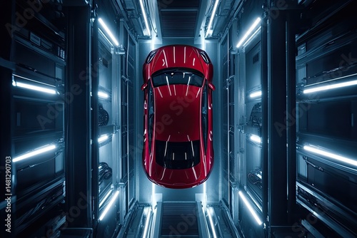 Red car suspended in a futuristic automated parking garage.