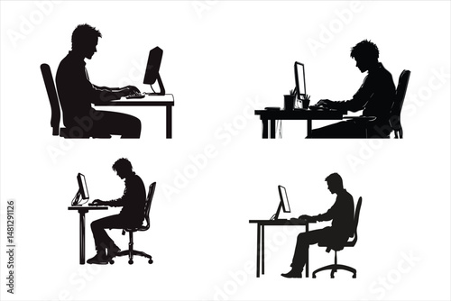 silhouettes of business people working together, silhouette, people, vector, table, woman, couple, business, chair, sitting, restaurant, illustration, computer, person, coffee, office, work, dinner, b