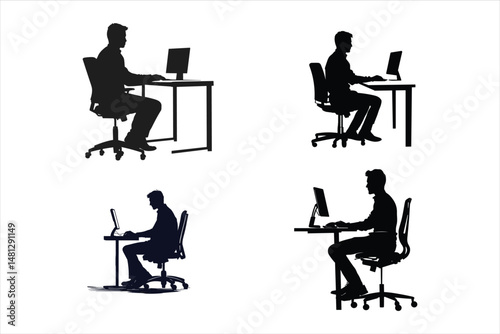silhouettes of business people working together, silhouette, people, vector, table, woman, couple, business, chair, sitting, restaurant, illustration, computer, person, coffee, office, work, dinner, b
