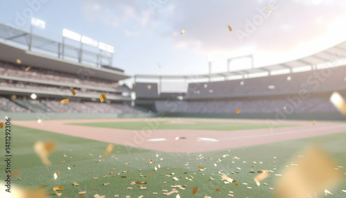 Baseball Field Adorned with Gold Confetti for a Victory Celebration in a Brightly Lit Stadium with a Blurred Background and a Clear Sky