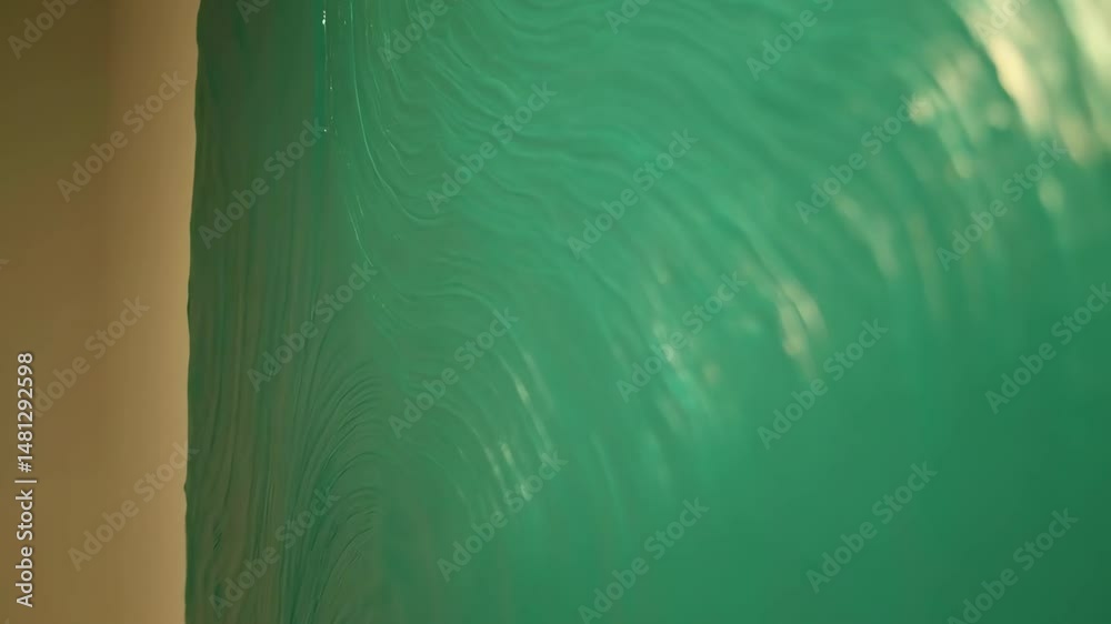 Close-up of an irregular block of solidified translucent gel in green color with curved stripes running across the surface.