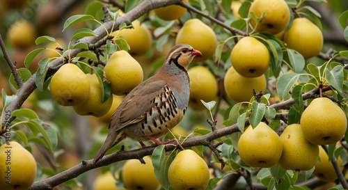 Partridge Bird on Pear Tree Branch with Yellow Fruit photo