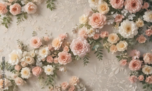 Pastel vintage floral artificial flower wall, lace accents,  wall,  delicate,  flowers