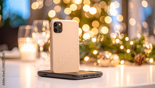Beige and Black Phone Cases on a White Table Setting with Festive Holiday Bokeh Lights for Product Photography
