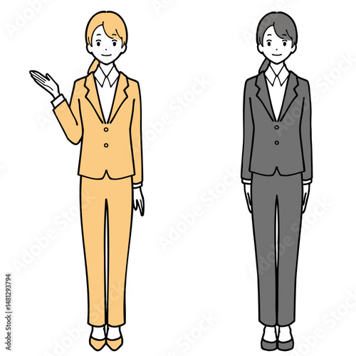 スーツを着て立っている若い女性の全身イラストセット