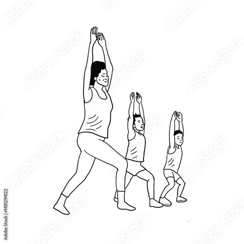 black and white line. mother and her two children doing yoga. Cartoon Style Illustration