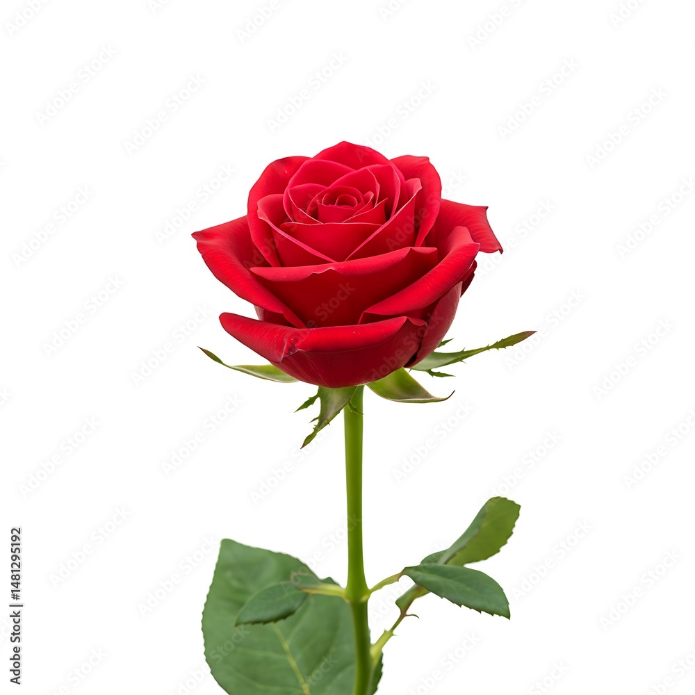 Naklejka premium Elegant red rose with stem and leaf, floral blossom isolated on white background