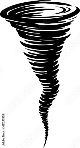 A stark black vector illustration depicts a powerful, swirling tornado against a transparent background.