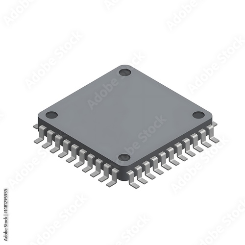 Isometric view of a gray microchip with pins isolated on white background