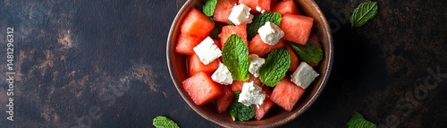 Refreshing summer salad with cubed watermelon, feta cheese, and fresh mint leaves in a wooden bowl
