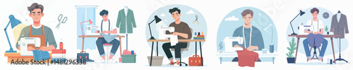 vector young man sewing clothes