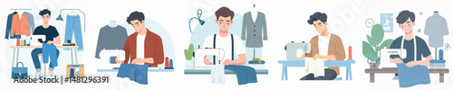vector young man sewing clothes